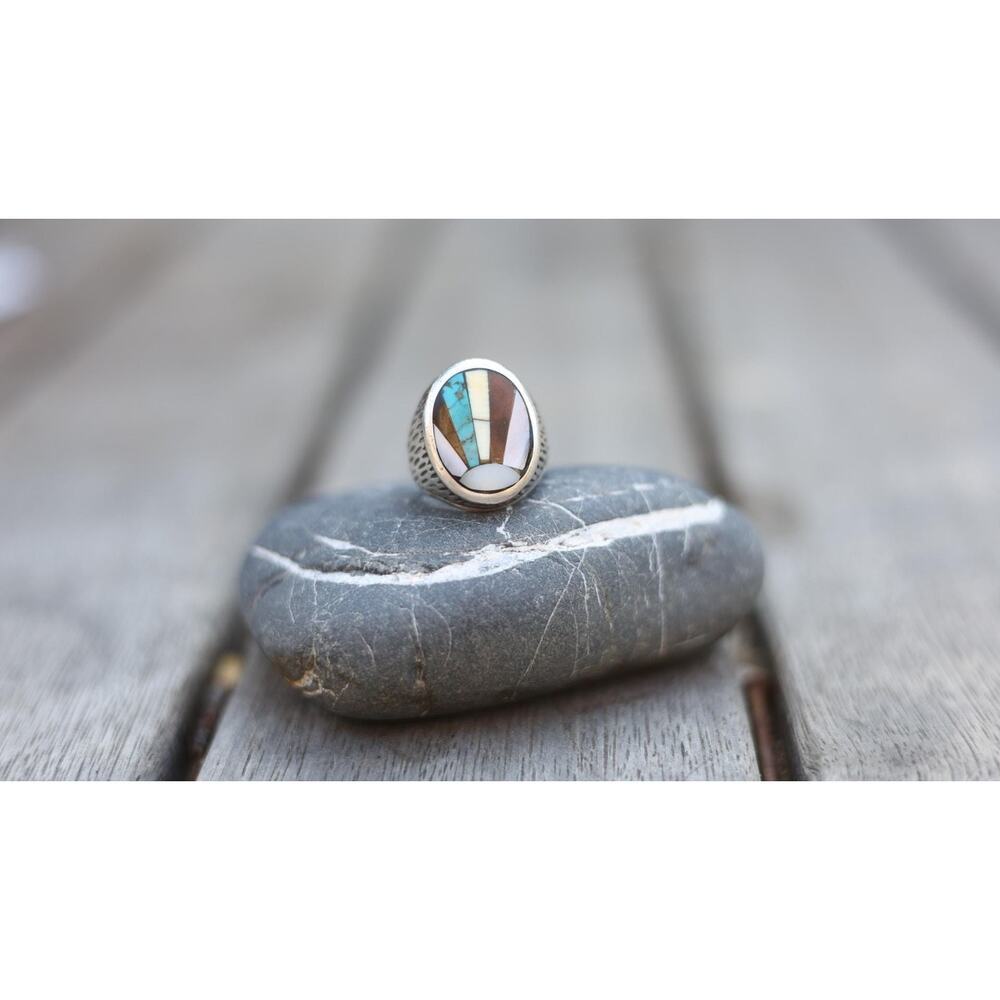Signed Zuni Sterling Silver Multistone Inlay Ring 9 | Turquoise Jet Shell MOP